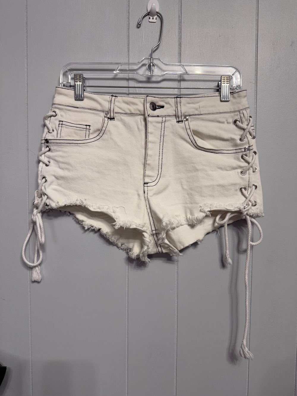 Forever 21 Cream Lace-Up Side Frayed Denim Shorts